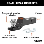 CURT Fusion ball mount with attached 2 inch trailer ball, gloss black finish