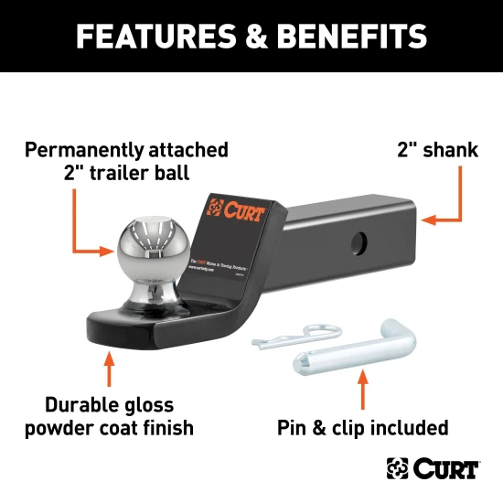CURT Fusion ball mount with attached 2 inch trailer ball, gloss black finish