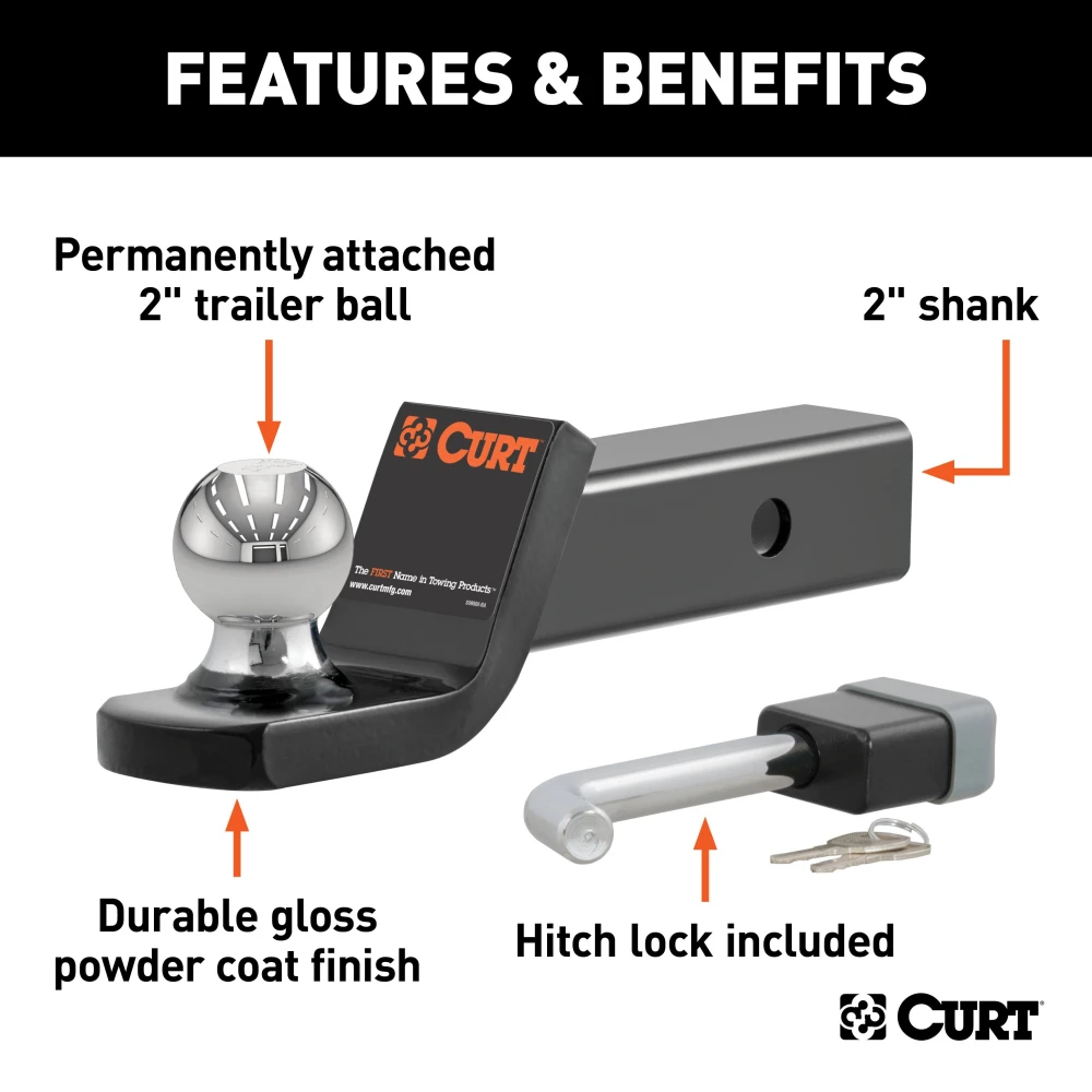 CURT towing starter kit including a Fusion ball mount and hitch lock for 2 inch hitch receivers