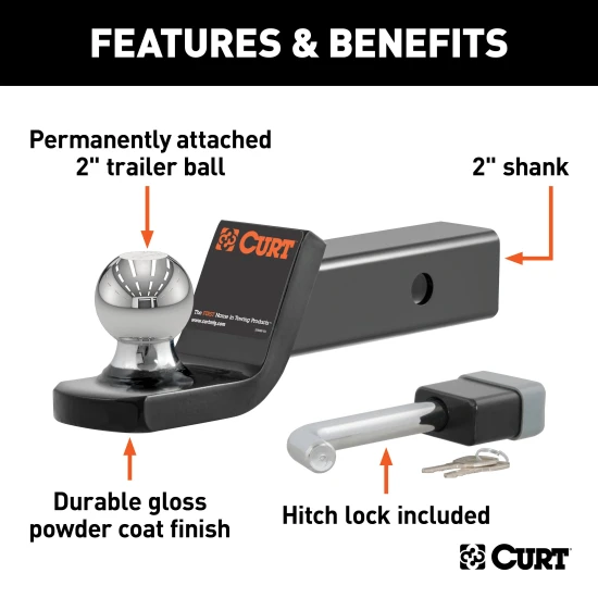 CURT towing starter kit including a Fusion ball mount and hitch lock for 2 inch hitch receivers