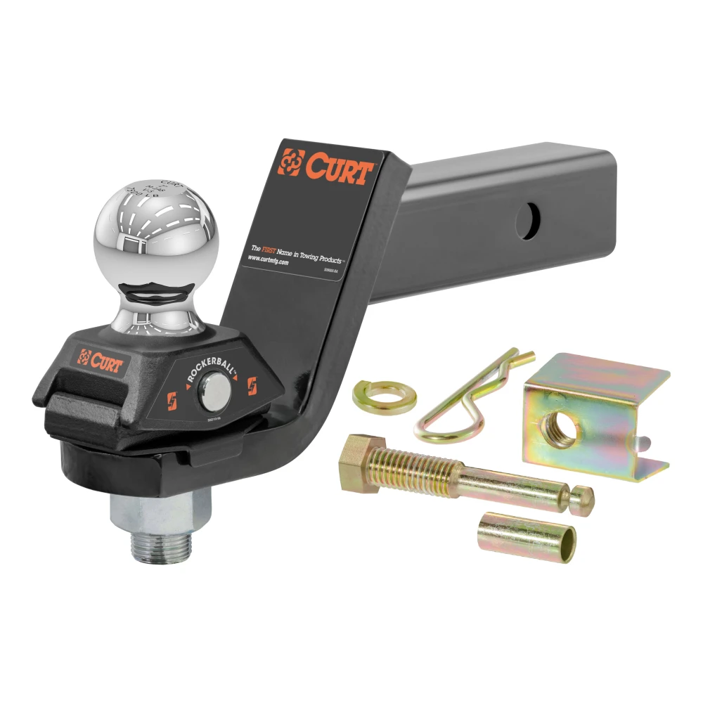 CURT RockerBall cushion hitch with ShockDrop technology attached to trailer hitch.