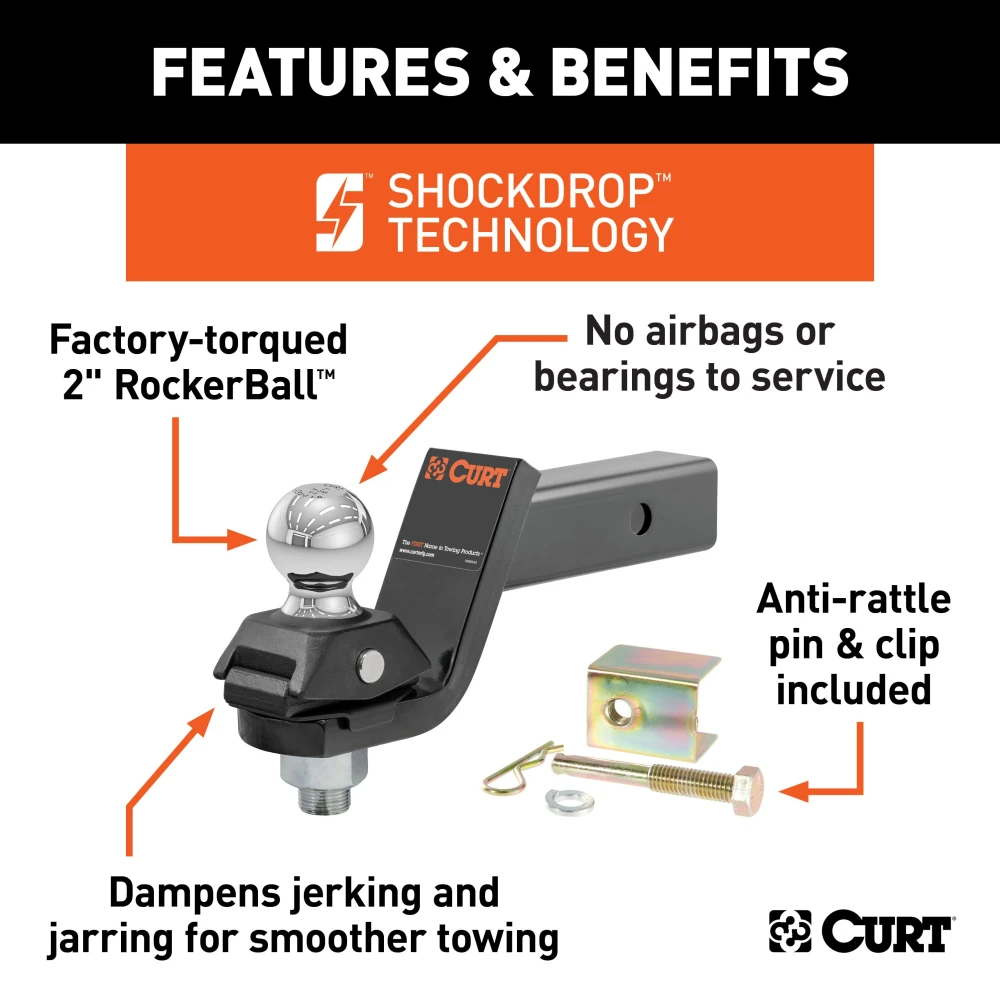 CURT RockerBall cushion hitch with ShockDrop technology attached to trailer hitch.