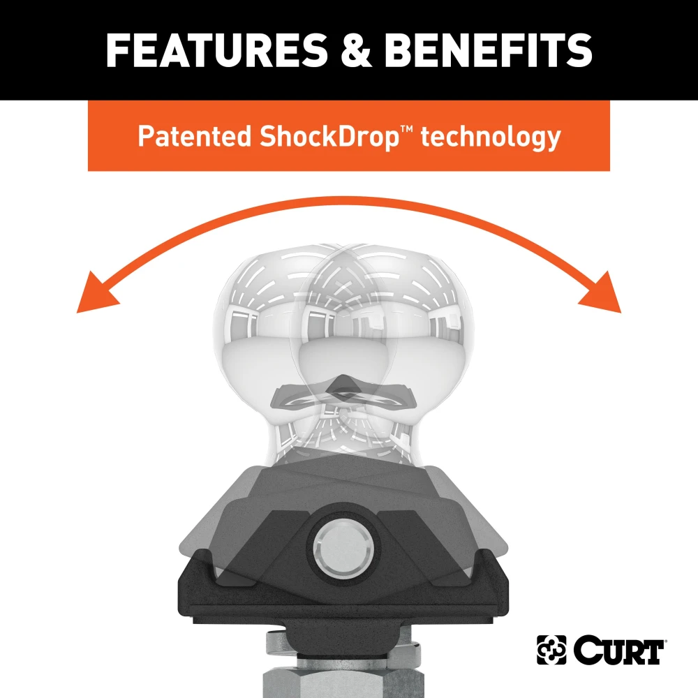 CURT RockerBall cushion hitch with ShockDrop technology attached to trailer hitch.