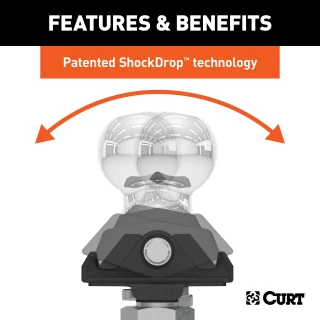 CURT RockerBall cushion hitch with ShockDrop technology attached to trailer hitch.