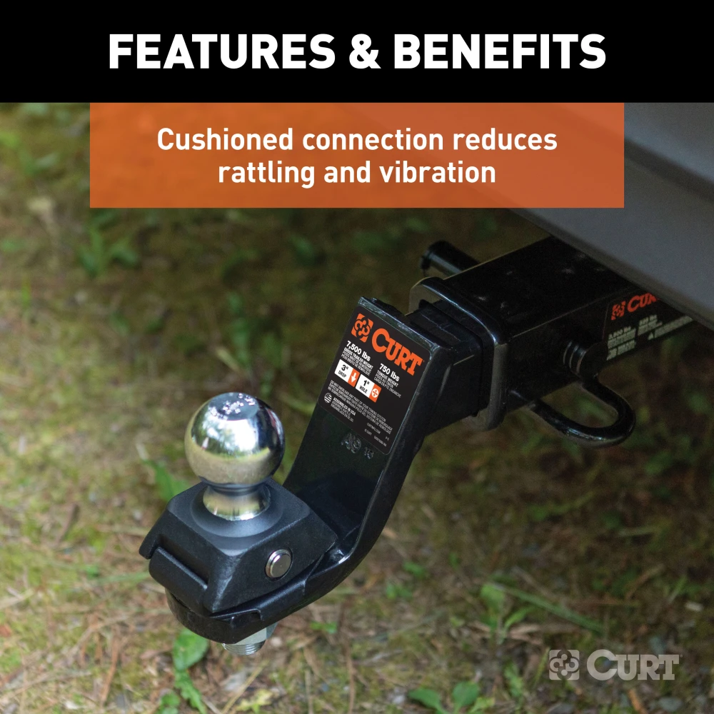 CURT RockerBall cushion hitch with ShockDrop technology attached to trailer hitch.