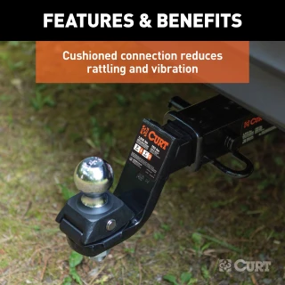 CURT RockerBall cushion hitch with ShockDrop technology attached to trailer hitch.