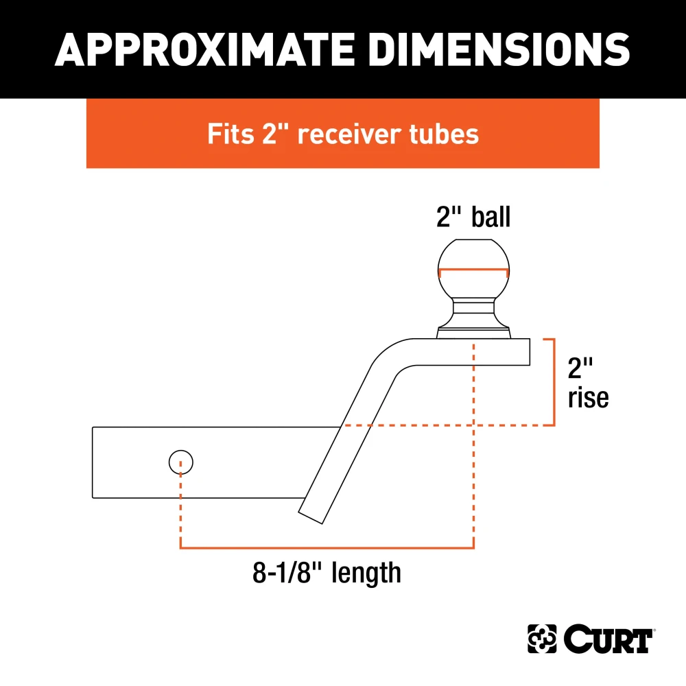 CURT Fusion ball mount with permanently attached trailer ball, designed for 2-inch hitch receivers with a durable gloss black finish.