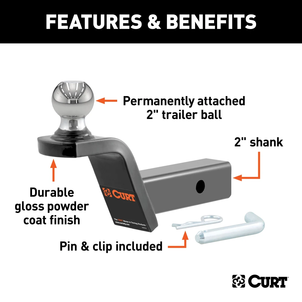 CURT Fusion ball mount with permanently attached trailer ball, designed for 2-inch hitch receivers with a durable gloss black finish.