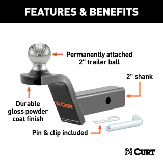 CURT Fusion ball mount with permanently attached trailer ball, designed for 2-inch hitch receivers with a durable gloss black finish.