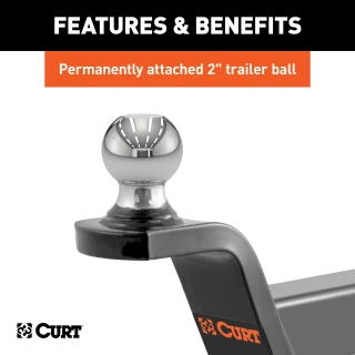 CURT Fusion ball mount with permanently attached trailer ball, designed for 2-inch hitch receivers with a durable gloss black finish.
