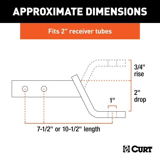 CURT dual length ball mount for towing, fits 2 inch hitch receiver, black powder coat finish