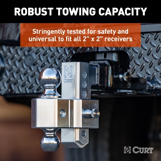 AlumaLite aluminum drop hitch featuring adjustable dual balls for safe trailer towing.