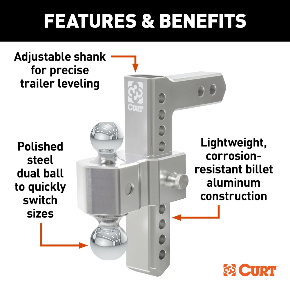 AlumaLite aluminum drop hitch with dual ball setup and adjustable height for easy trailer leveling