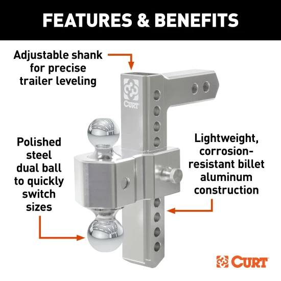 AlumaLite aluminum drop hitch with dual ball setup and adjustable height for easy trailer leveling