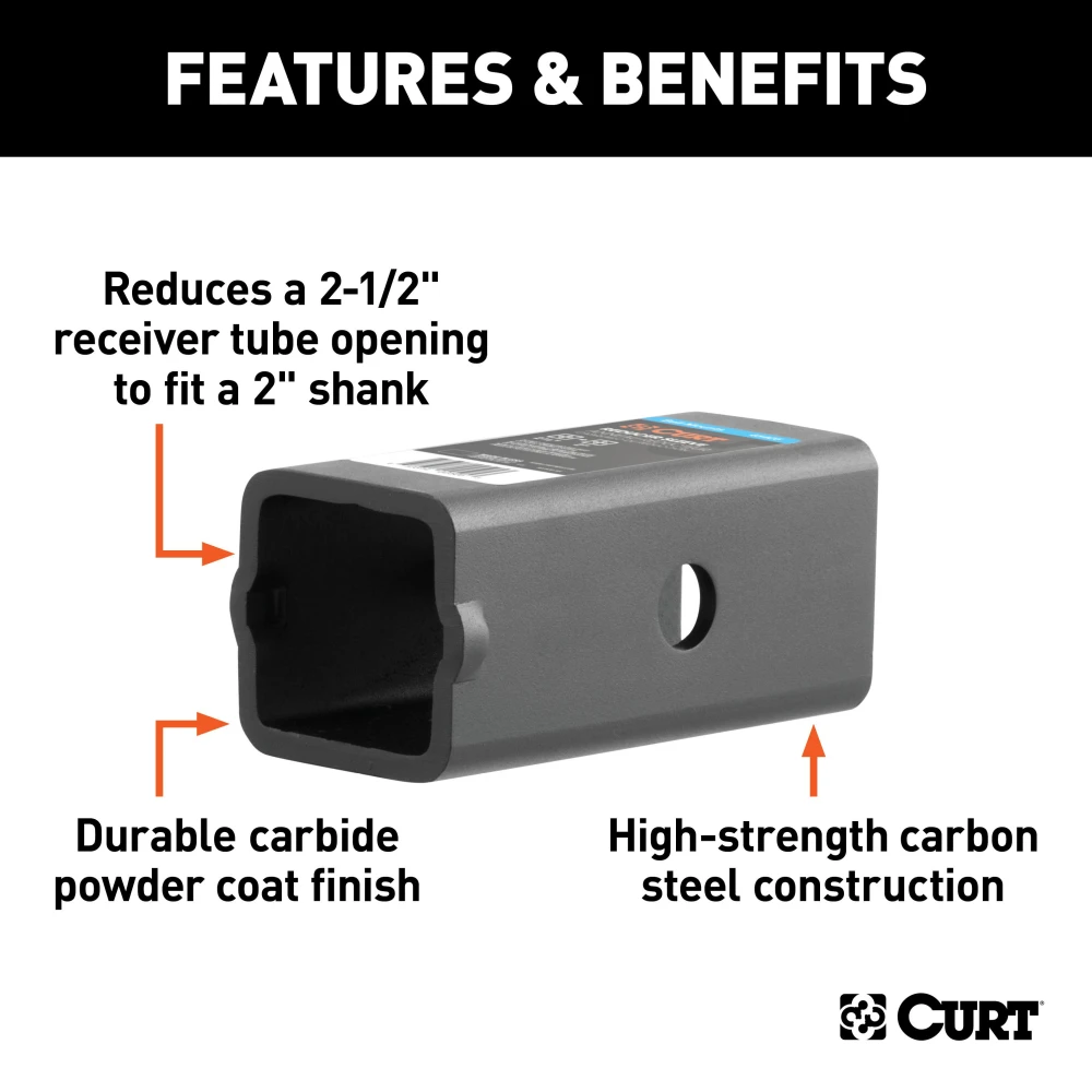 CURT Hitch Adapter: 2-1/2" Receiver to 2" Shank CURT hitch adapter for converting 2-1/2 inch receiver to 2 inch opening