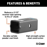 CURT Hitch Adapter: 2-1/2" Receiver to 2" Shank CURT hitch adapter for converting 2-1/2 inch receiver to 2 inch opening