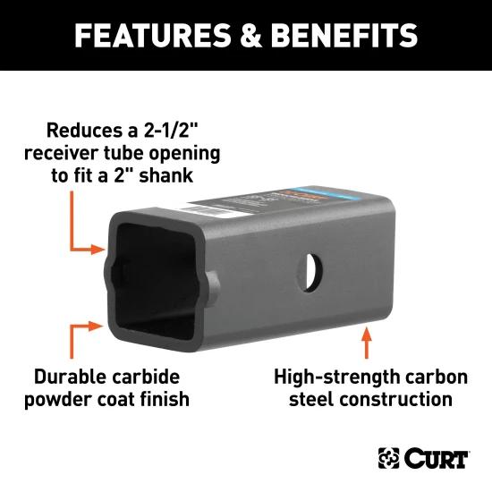 CURT Hitch Adapter: 2-1/2" Receiver to 2" Shank CURT hitch adapter for converting 2-1/2 inch receiver to 2 inch opening
