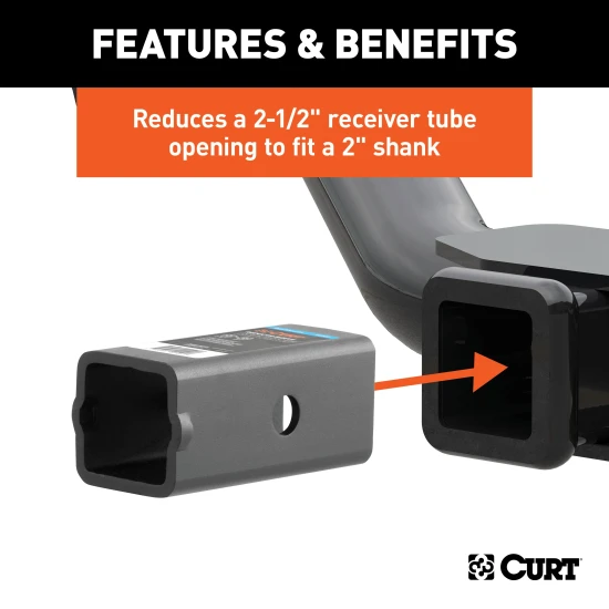 CURT Hitch Adapter: 2-1/2" Receiver to 2" Shank CURT hitch adapter for converting 2-1/2 inch receiver to 2 inch opening