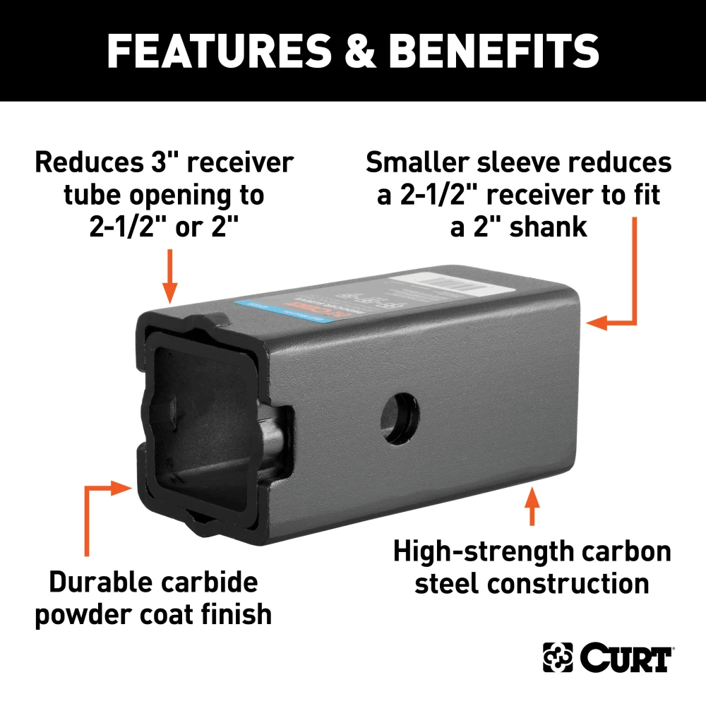 CURT Hitch Reducer Sleeve Set for 3 inch Receiver Compatibility CURT reducer sleeves for 3 inch receiver to 2-1/2 or 2 inch shank, durable finish