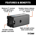 CURT Hitch Reducer Sleeve Set for 3 inch Receiver Compatibility CURT reducer sleeves for 3 inch receiver to 2-1/2 or 2 inch shank, durable finish