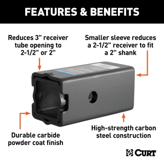 CURT Hitch Reducer Sleeve Set for 3 inch Receiver Compatibility CURT reducer sleeves for 3 inch receiver to 2-1/2 or 2 inch shank, durable finish