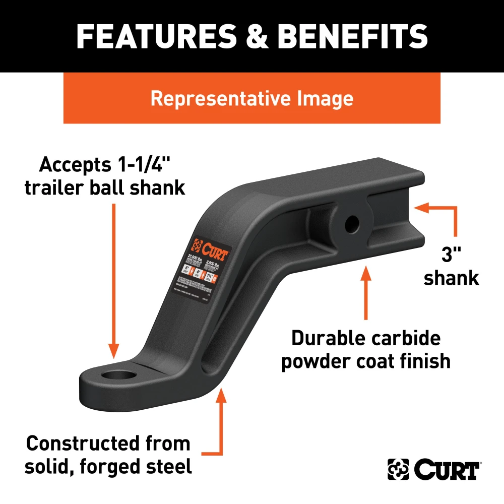 CURT industrial duty ball mount with 3" shank, 8" drop, carbide finish, rated 21,000 lbs GTW.