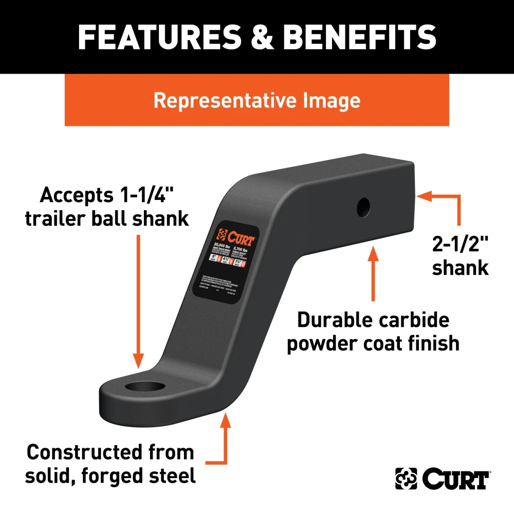 CURT forged ball mount capable of towing up to 20,000 lbs with durable carbide finish