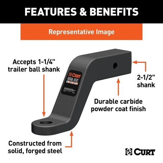 CURT forged ball mount capable of towing up to 20,000 lbs with durable carbide finish