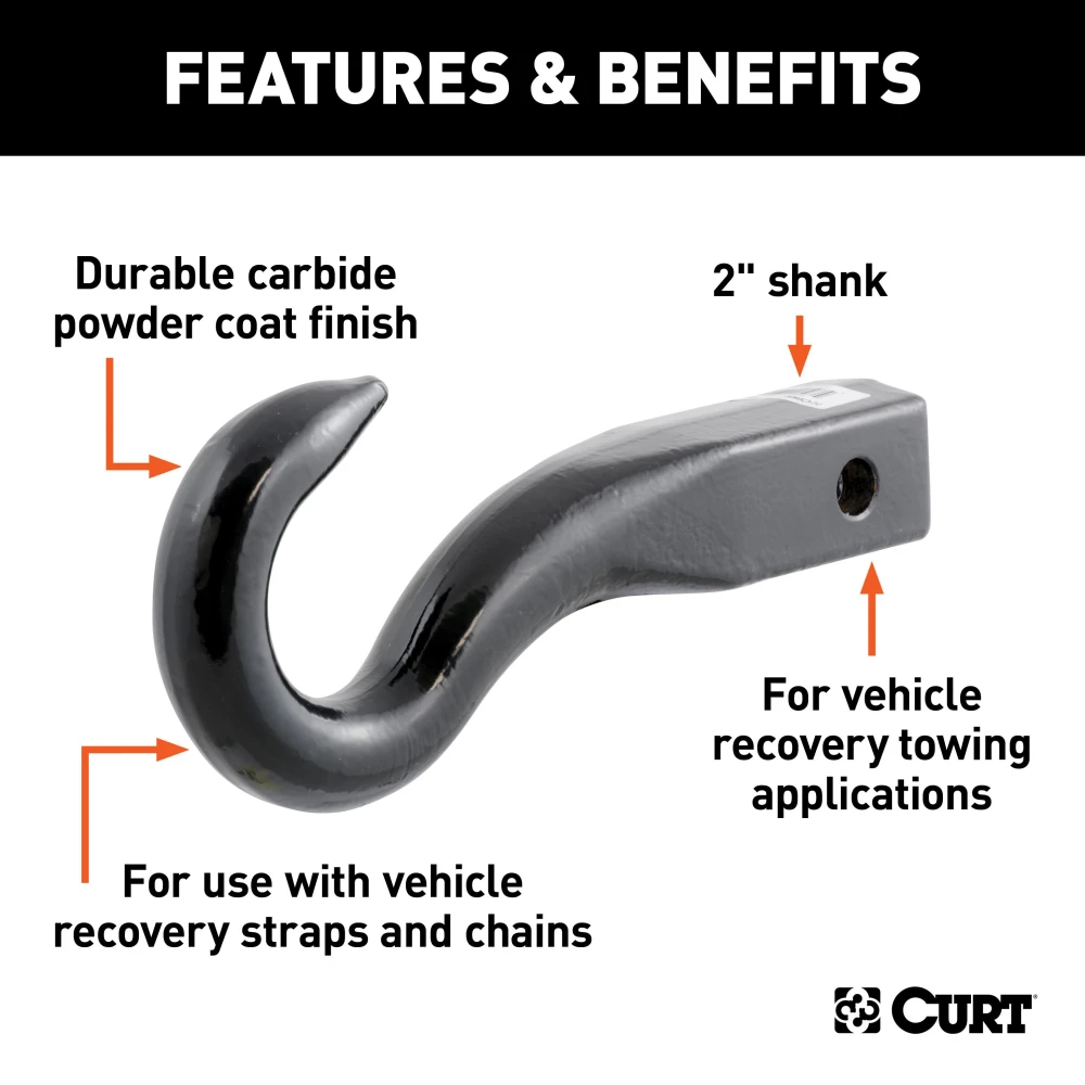 Durable CURT forged tow hook mount with black carbide finish for 2 inch hitch receivers