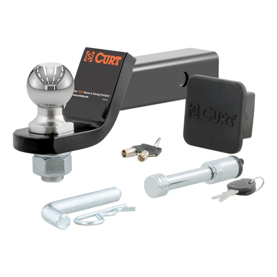 CURT towing starter kit including ball mount, hitch lock, and receiver cover