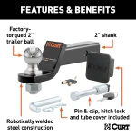 CURT towing starter kit including ball mount, hitch lock, and receiver cover