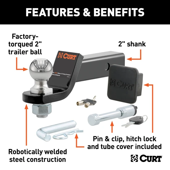 CURT towing starter kit including ball mount, hitch lock, and receiver cover