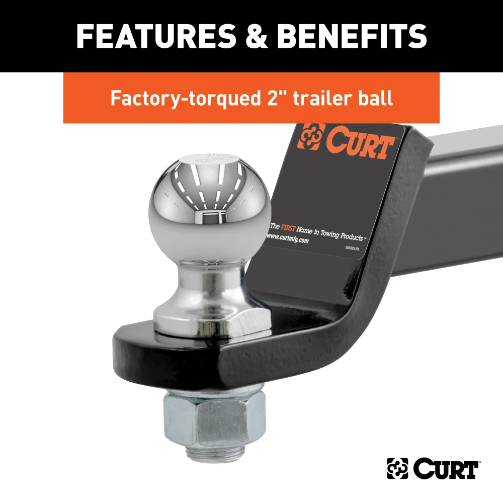 CURT towing starter kit including ball mount, hitch lock, and receiver cover