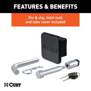 CURT towing starter kit including ball mount, hitch lock, and receiver cover