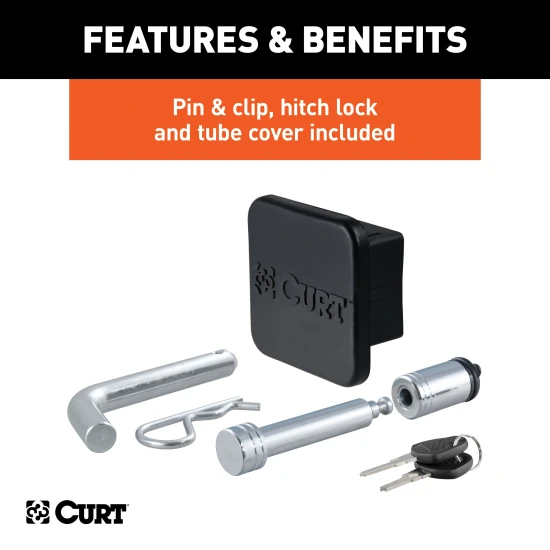 CURT towing starter kit including ball mount, hitch lock, and receiver cover