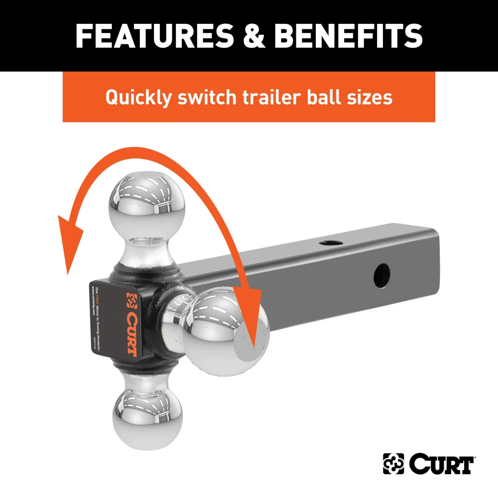 CURT multi-tow ball mount with three welded balls for various coupler sizes, fits 2 inch receiver