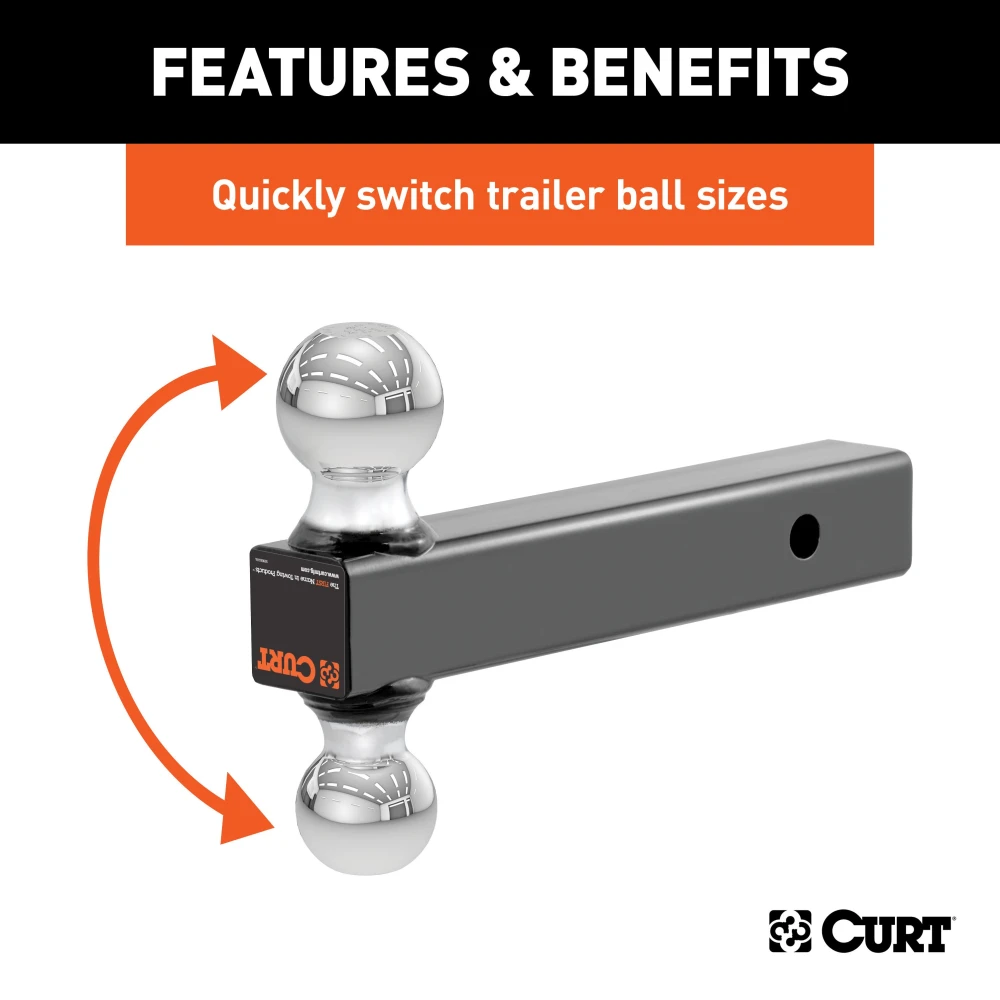 CURT multi-tow ball mount with two different sized trailer balls for versatile towing and secure attachment