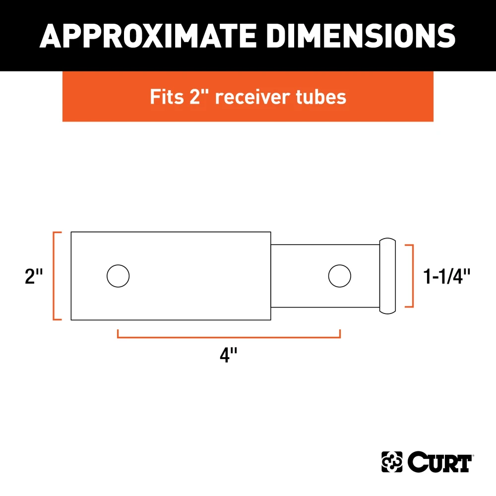 CURT Hitch Adapter - 2 Inch to 1-1/4 Inch with 4 Inch Extension CURT receiver adapter extends 4 inches, converts 2 inch to 1-1/4 inch receiver, black finish