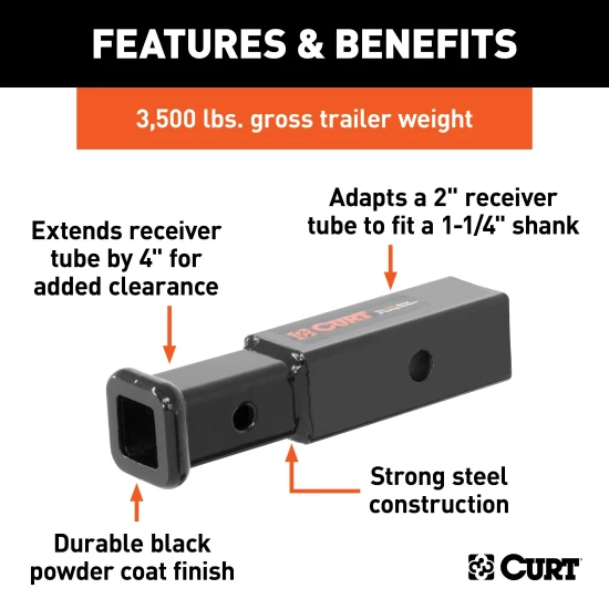 CURT Hitch Adapter - 2 Inch to 1-1/4 Inch with 4 Inch Extension CURT receiver adapter extends 4 inches, converts 2 inch to 1-1/4 inch receiver, black finish