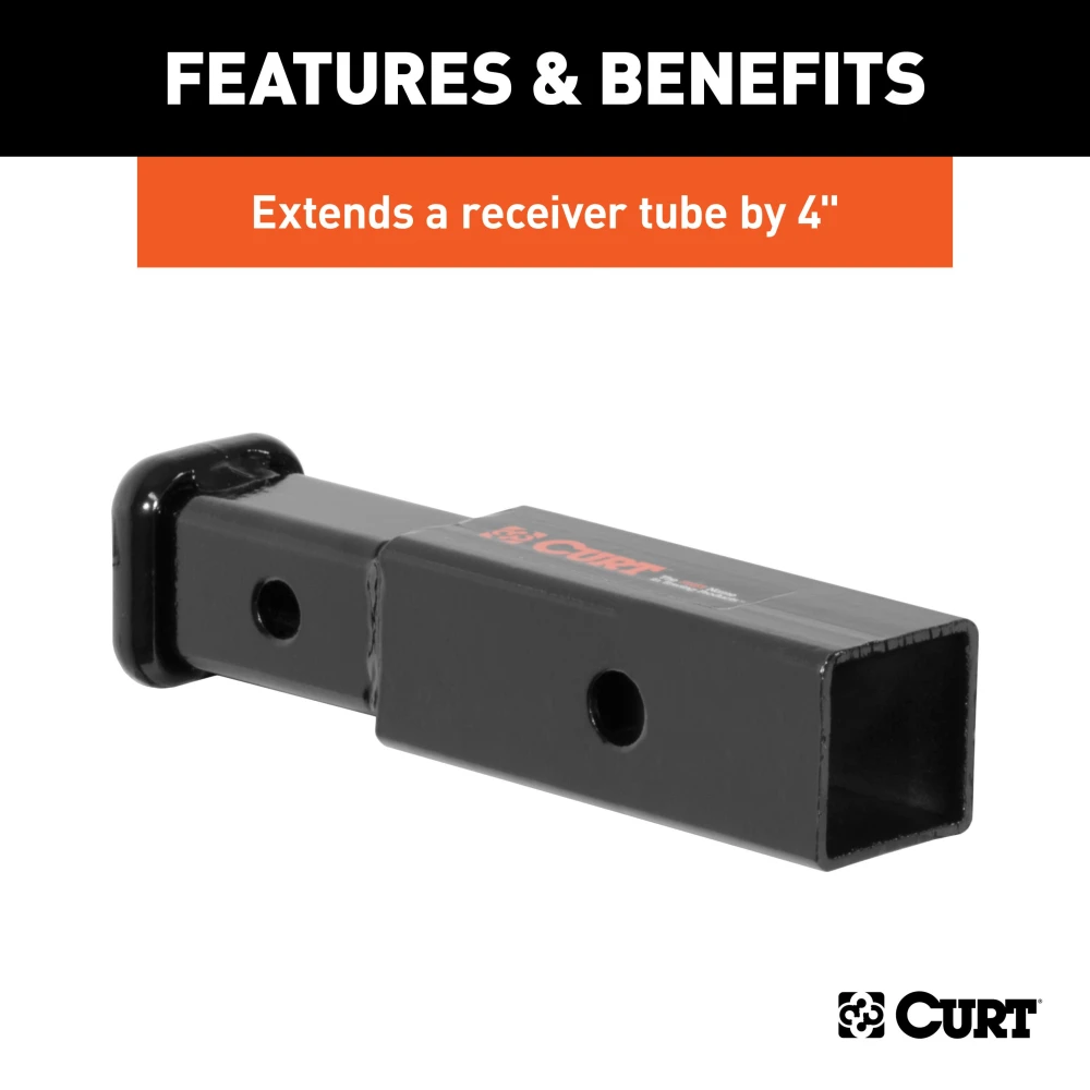 CURT Hitch Adapter - 2 Inch to 1-1/4 Inch with 4 Inch Extension CURT receiver adapter extends 4 inches, converts 2 inch to 1-1/4 inch receiver, black finish