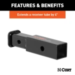 CURT Hitch Adapter - 2 Inch to 1-1/4 Inch with 4 Inch Extension CURT receiver adapter extends 4 inches, converts 2 inch to 1-1/4 inch receiver, black finish