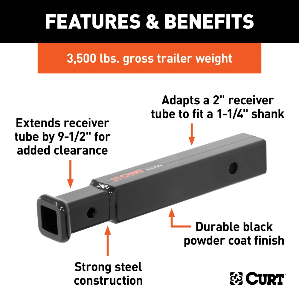 CURT hitch adapter extends 9-1/2", 2" to 1-1/4" conversion, black powder coat.