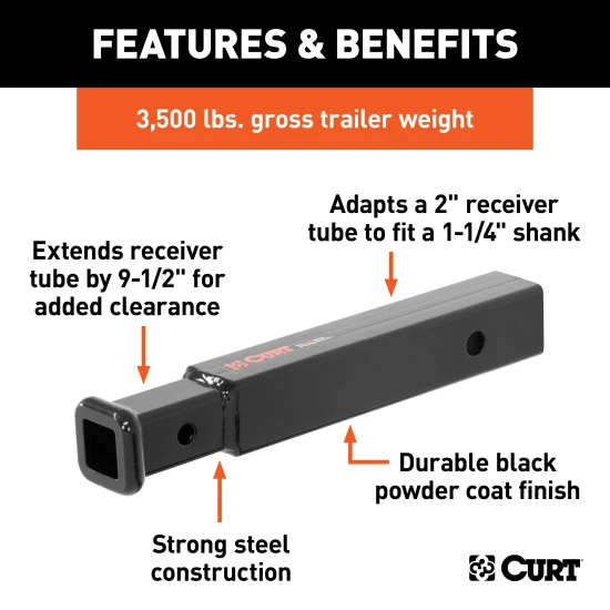 CURT hitch adapter extends 9-1/2", 2" to 1-1/4" conversion, black powder coat.