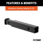 CURT hitch adapter extends 9-1/2", 2" to 1-1/4" conversion, black powder coat.