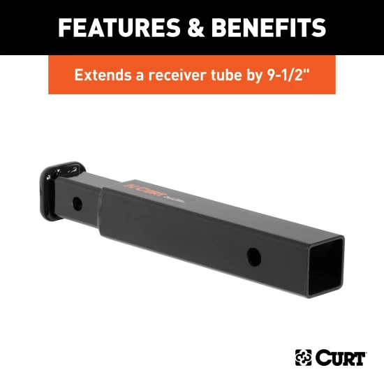 CURT hitch adapter extends 9-1/2", 2" to 1-1/4" conversion, black powder coat.
