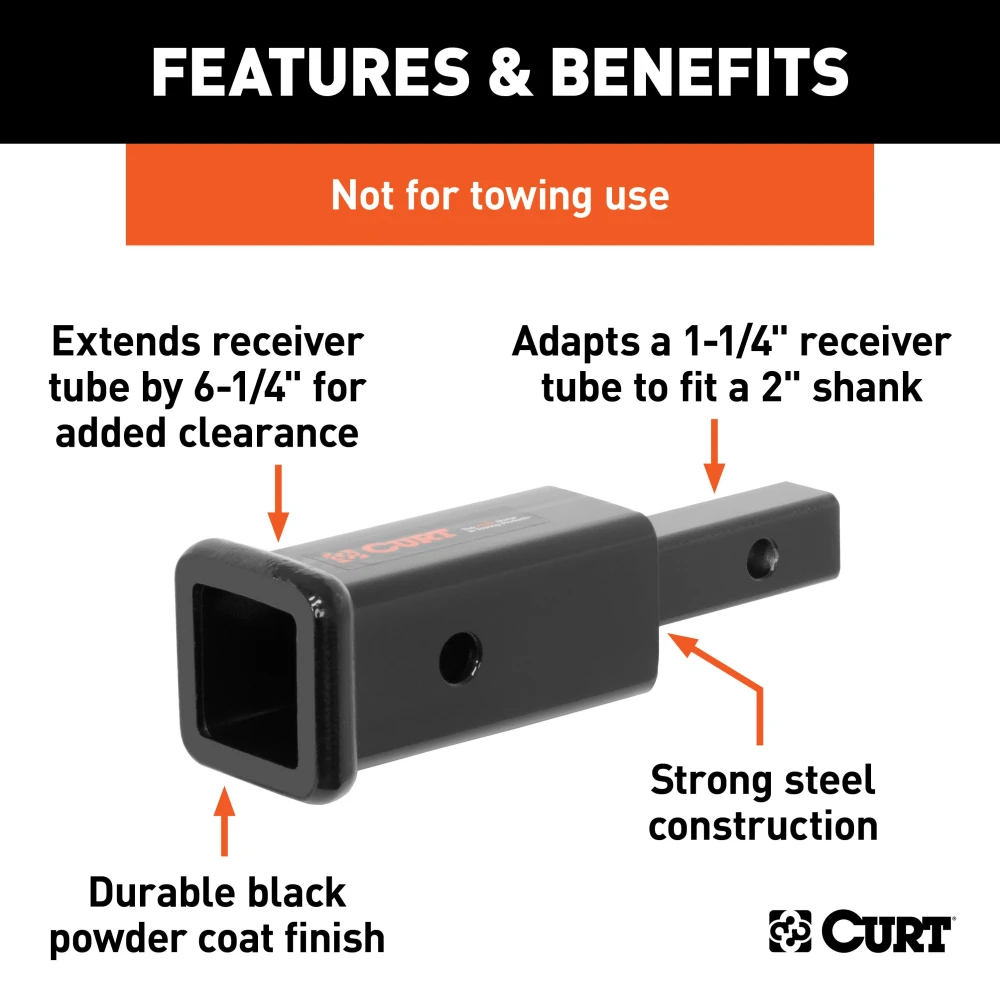 CURT hitch adapter converting 1-1/4" receiver to 2", extends 6-1/4 inches