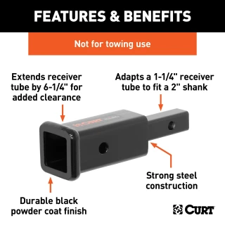 CURT hitch adapter converting 1-1/4" receiver to 2", extends 6-1/4 inches