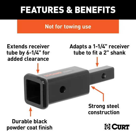 CURT hitch adapter converting 1-1/4" receiver to 2", extends 6-1/4 inches