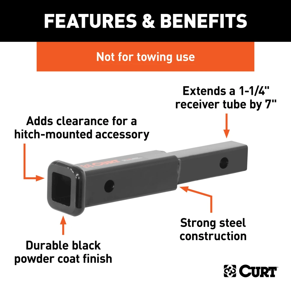CURT hitch extender providing 7 inch extension for 1-1/4 inch receiver tube