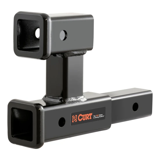CURT dual hitch extender adds clearance and allows simultaneous towing and accessory mounting in a 2 inch receiver.